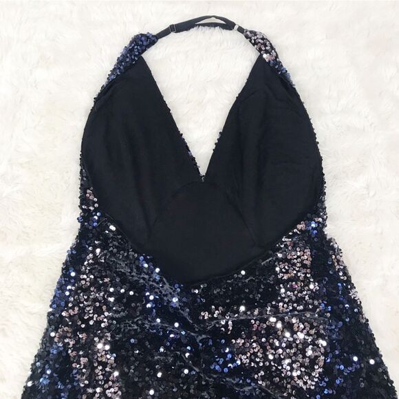 FREE PEOPLE Glitter & Gold Sequin Velvet Midi Dress Blue Black Size Medium New - Picture 13 of 16